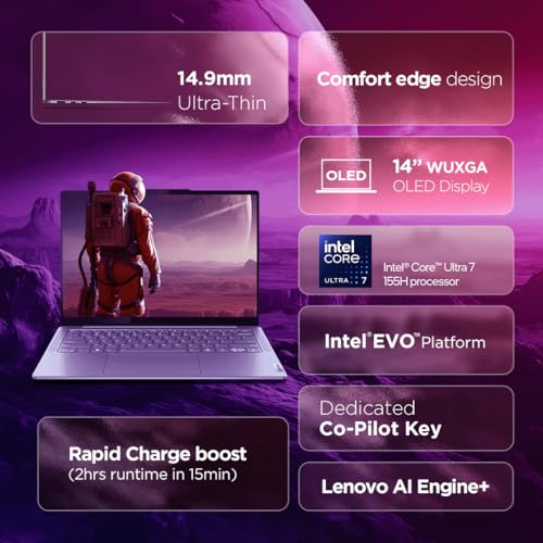 Lenovo Yoga Slim 7 Intel Core Ultra 7 155H AI PC 14"(35.5cm) WUXGA-OLED 400Nits Laptop (16GB/512GB SSD/60Hz/100% DCI-P3/Win11/MSO 24/1Yr ADP Free/Luna Grey/1.39Kg), 83CV00DHIN