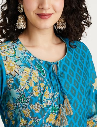 BIBA Cotton Women Printed Straight Salwar Kurta Dupatta(Skdassorted7483E_Turquoise_34)