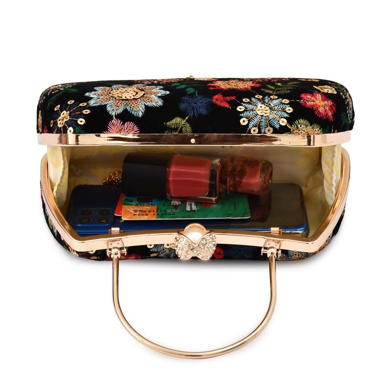 For The Beautiful You Women's Embroidered Velvet Clutch Purse with Pearl Clasp and Detachable Chain – Elegant Evening Handbag for Wedding, Party (Black)
