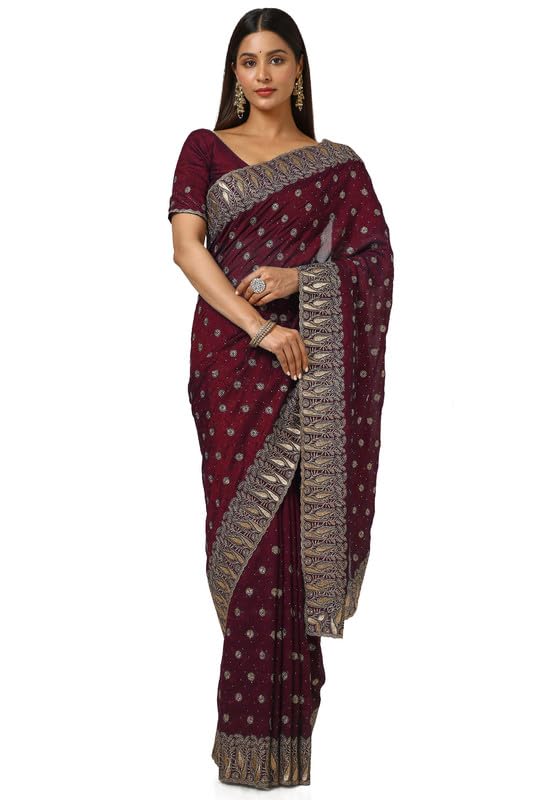 Soch Womens Maroon Tussar Embroidered Saree With Stone Work
