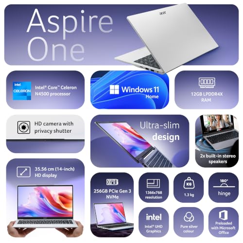 Acer Smartchoice Aspire One, Intel Core Celeron N4500, 12GB LPDDR4 RAM/ 256GB SSD, 14.0"/35.56cm WXGA Display, Intel UHD Graphics, Win 11 Home, Pure Silver, 1.3 Kg, A114-45, Thin and Light Laptop