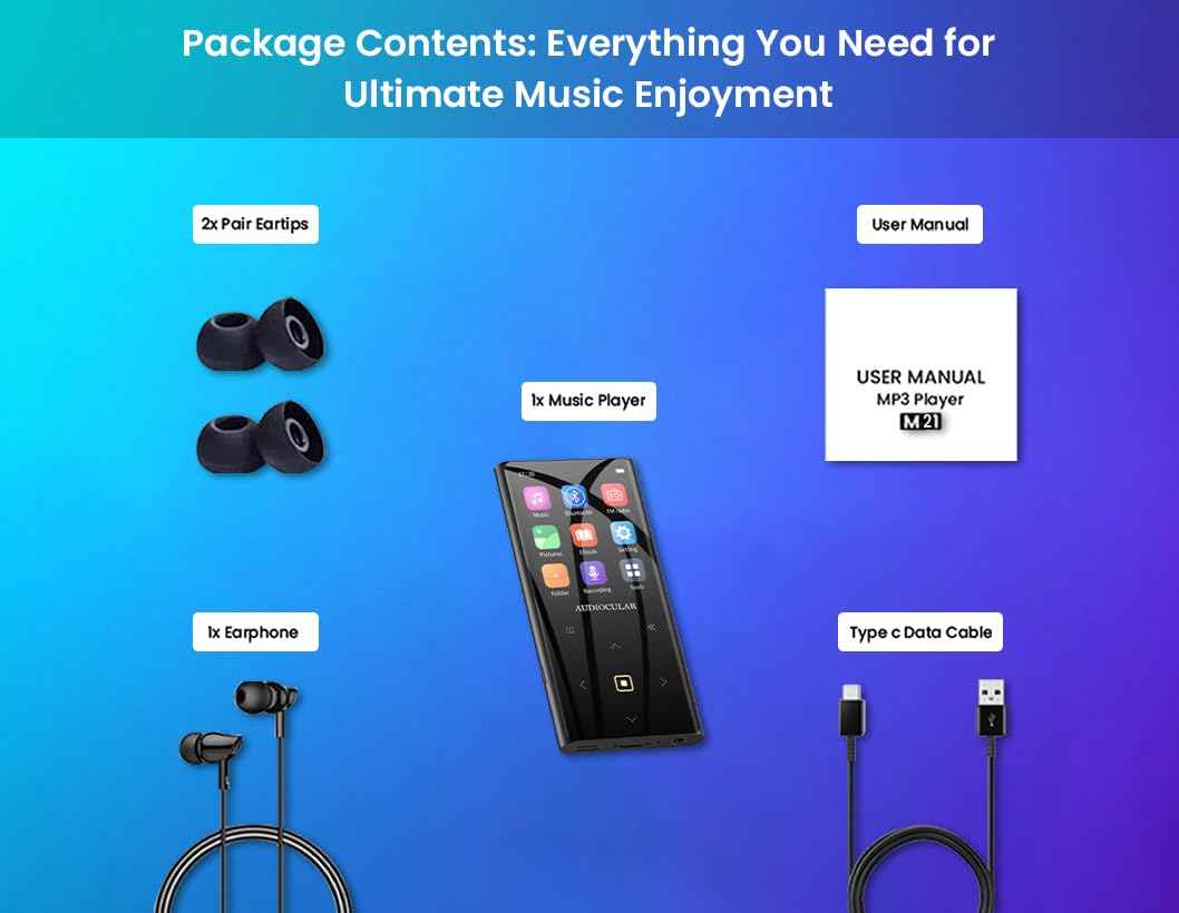 AUDIOCULAR M21 32GB Portable Mp3 Music Player with Bluetooth, 2.4” LCD Touch Screen, Video Playback, Built-in Speaker, Voice Recording Function, Pedometer, Mini Pocket Mp3 Player (32GB - Black)