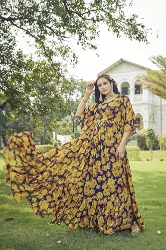Samprag Georgette Gown for Women | Full Length | Printed | Fit & Flare | Flared & Bell Sleeves | Round Neck | Ethenic Dress | Ideal for Casual, Wedding & Party Occassions | Yellow | M