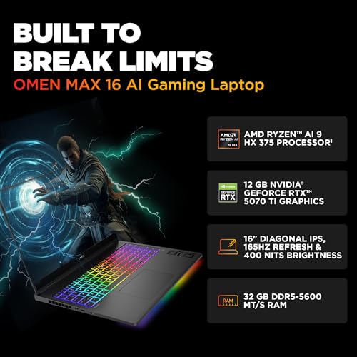 HP Smartchoice Omen 16 Max, AMD Ryzen AI 9 HX 375, 12GB RTX 5070 Ti, 32GB DDR5, 1TB SSD, 2K,165Hz, 400 nits,3ms, IPS, 16''/40.6cm, Win11,Office24, Shadow Black, 2.71kg, ak0070ax, RGB Gaming Laptop