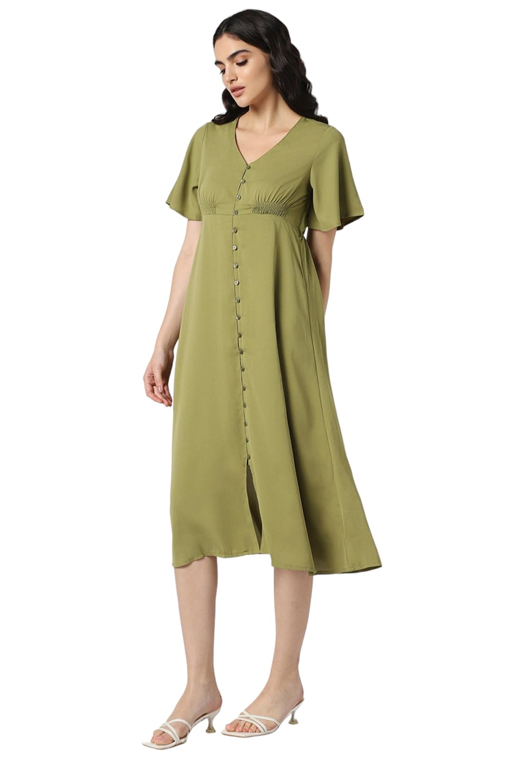 Van Heusen Women's Polyester Asymmetrical Calf Length Dress (VWDRFRGFF44319_Olive
