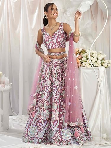 Zeel Clothing Women's Sequins Embroidered Work Soft Net Lehenga Choli With Dupatta (6020-Pink-Women-Lehenga-Choli-New; Free size)