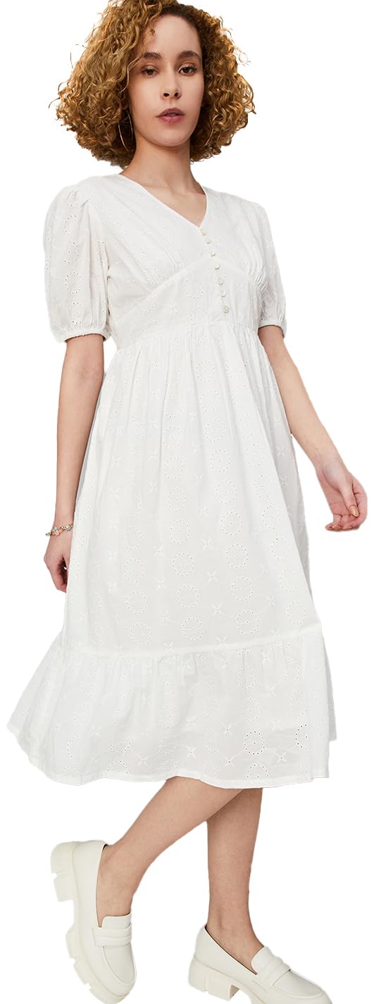 Max Women's Cotton Blend Classic Midi Dress (MDDRS42015_Off White_XL