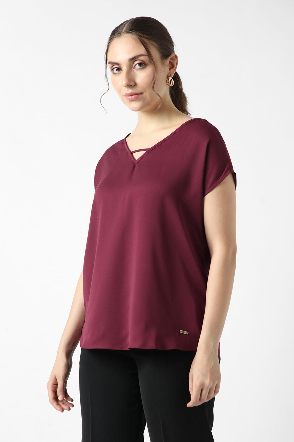 Women Maroon Solid Formal V Neck Top