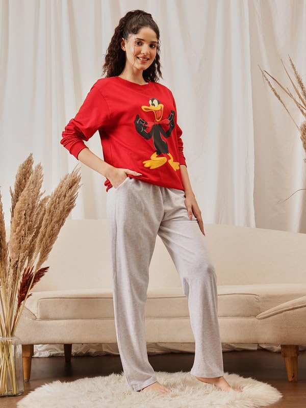 Clovia Women's Wintewear Terry Cotton Graphic Print Sweatshirt with Pyjama Set (COMLS0717_Red & Grey_L)