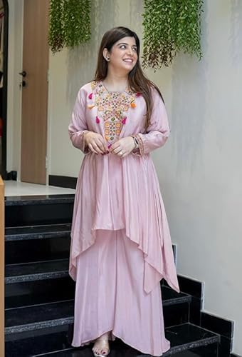 AVYUKTHA | Women Ethnic Motifs Embroidered Empire Kurta Set with Trors & Dupatta | Thread Work Fit Ethnic for Women | Pink | Size- XL