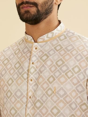 Manyavar Blended Cotton Men's Digital Print Kurta (Cream,XXXL)