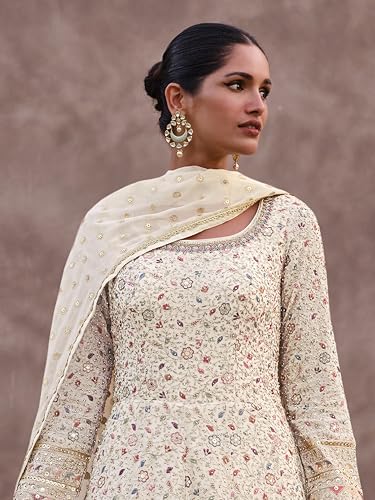 TRENDMALLS Women's Georgette Embroidery Sequence work Anarkali Kurta Pant Set with Dupatta for Women (G284-OffWhite-3XL)