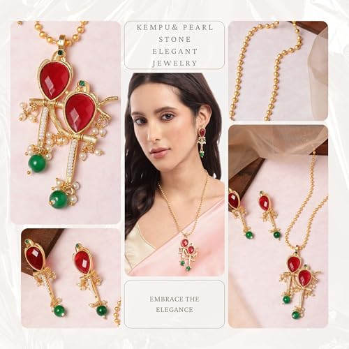 Mansiyaorange Two-Tone Plated Ruby Pearls Studded Bird Choker Necklace and Earrings Jewelry Set For Women Girls