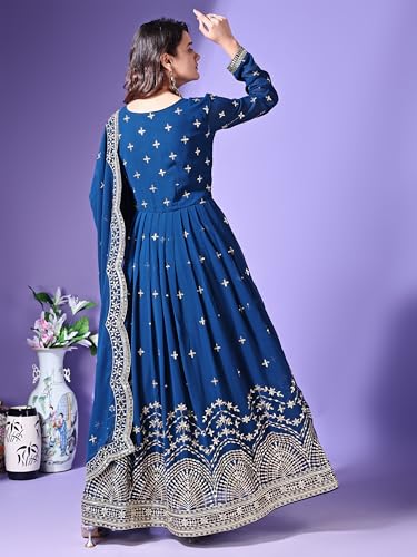 Fashion Basket Faux Georgette Sequins Anarkali Dress for Women (in, Alpha, M, Regular, Turquoise)