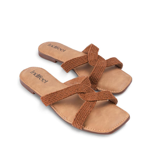 Indifeet Flat Jute Sliders for Women Stylish Footwear Belt Slippers Girls Womens Comfort Beach Open Toe Foot Wea New Latest Ladies Flats Support Strap Slides Design Brown