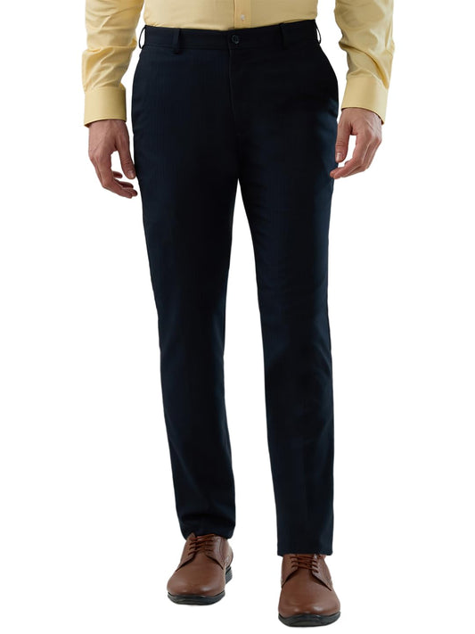 Raymond Men Slim Fit Stripe Pattern Polyester Blend Flat Front Formal Trouser Blue