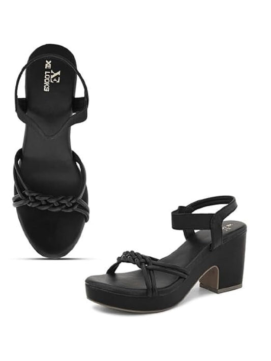 XE Looks Women's Black Wedge Sandals | Elegant Braided Strap Design with Cushioned Footbed | Lightweight Heels for Comfort & Trendy Sandals For Girls & Women