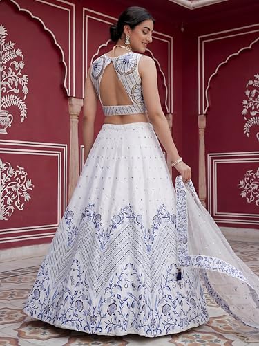 Zeel Clothing Women's Sequins Thread Embroidered Satin Designer Lehenga Choli With Dupatta (7079-White-Women-Lehenga-Choli-Set; Free Size)