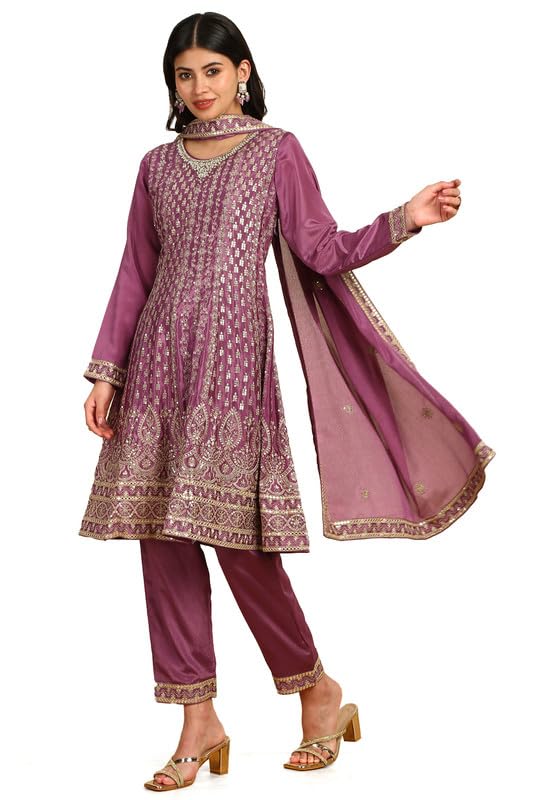 Soch Womens Purple Sequinned Embellished Chinon Suit Set with Dupatta