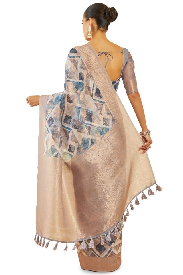 Soch Womens Grey Tussar Silk Saree With Geometric Print And Zari Woven Designs