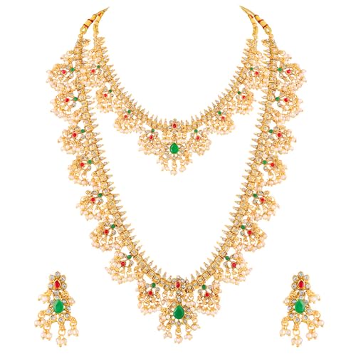 Peora Gold Plated Faux Emerald Faux Ruby & Beads Studded Choker & Long Necklace Earrings Set Ethnic Bridal Jewellery for Women