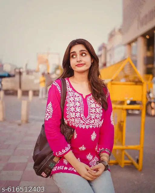 Anni Designer Women's Rayon Viscose Pink 3/4 Sleeve Kurti with Beautiful Embroidery Work, Elegant Ethnic Top for Festive, Casual & Daily Wear, Stylish Designer Kurta for Women and Girls