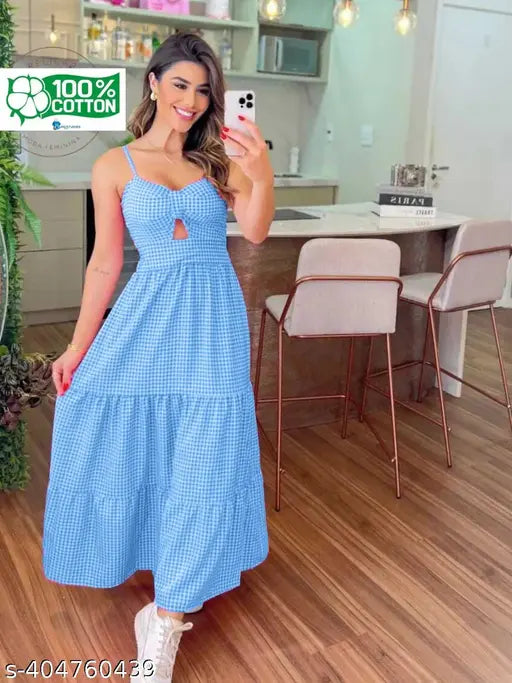 Blue Gingham cotton  Tiered Maxi Dress