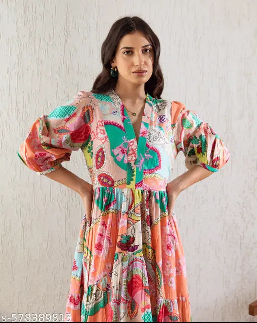 Honky Tonky Women Multi-Colored V-Neck Printed Fit & Flare Maxi Dress