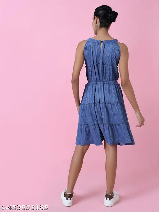 Women's Blue Solid Fit and Flare Dress