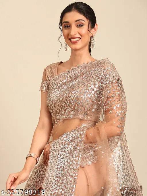Women's Net Embroidery Work Saree With Unstitched Blouse Piece