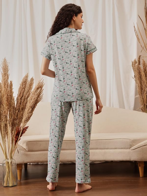 Clovia Women's Printed Button Down Shirt & Pyjama Set (LS0025B11_Green_M)