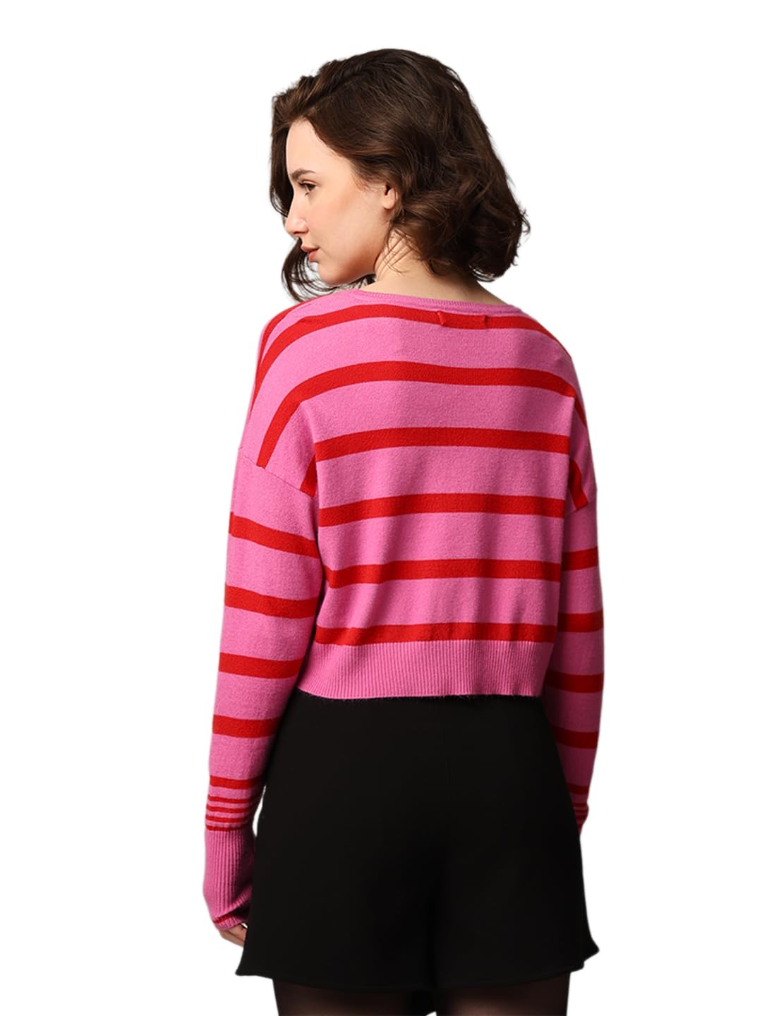 ONLY Women Striped Viscose Blend Pink Pullover Sweater