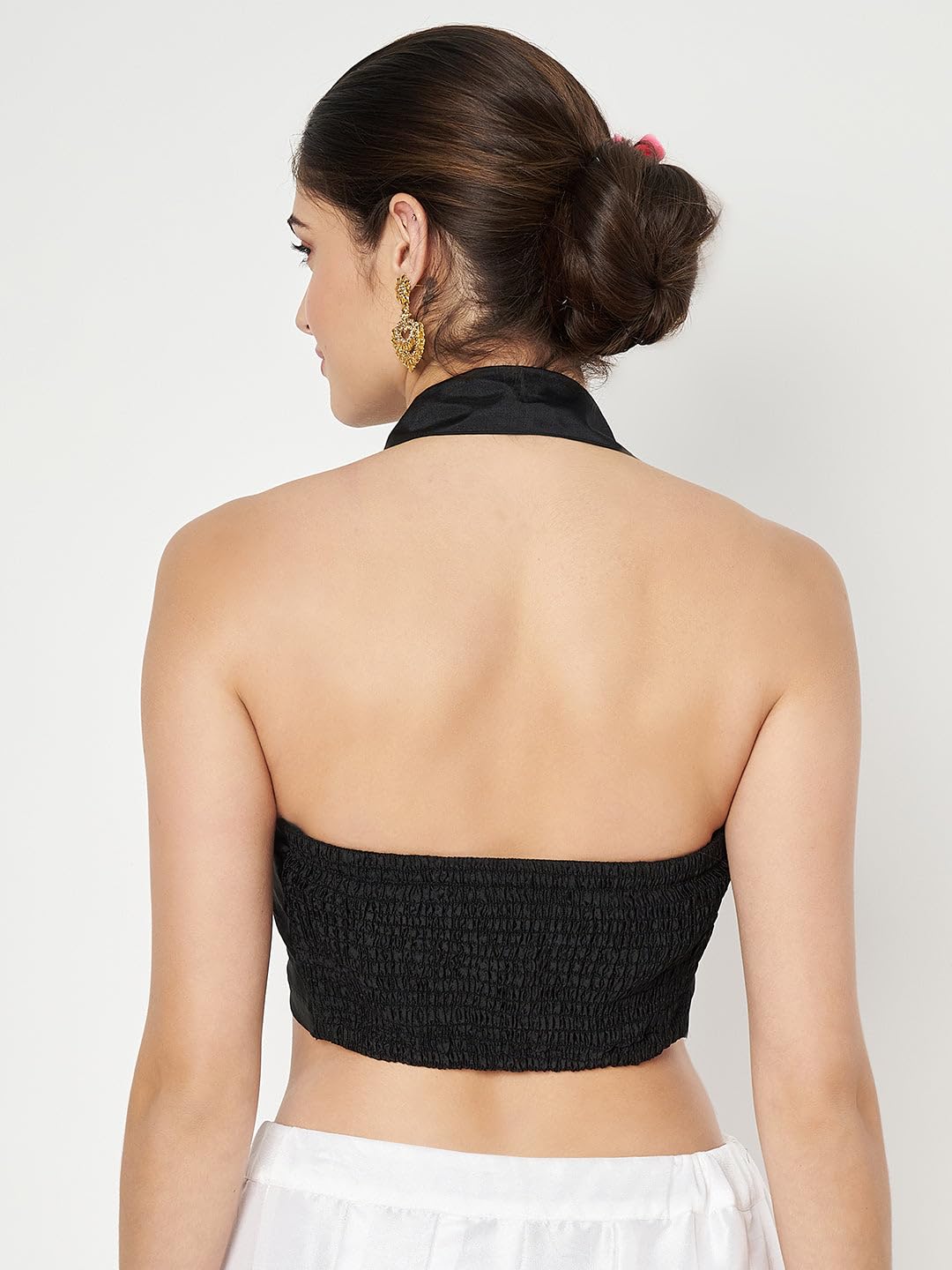 studio rasa Women's Plus Size Silk Blend Stretchable Halter Blouse for Wedding Festive Party (TPWC524BL75-4XL_Black_4XL)