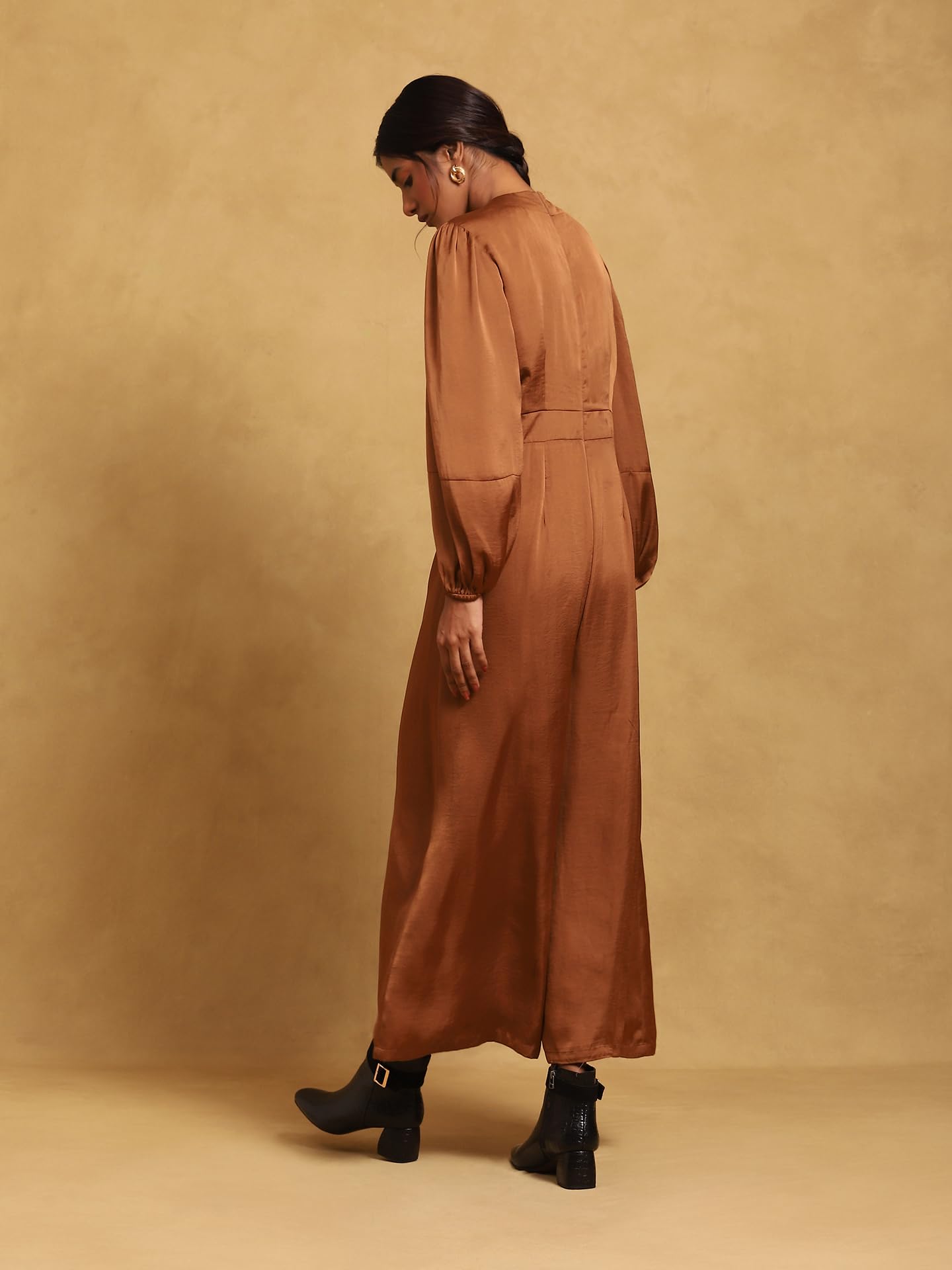 Ritu Kumar V-Neck Full Sleeves Solid Jumpsuit Brown