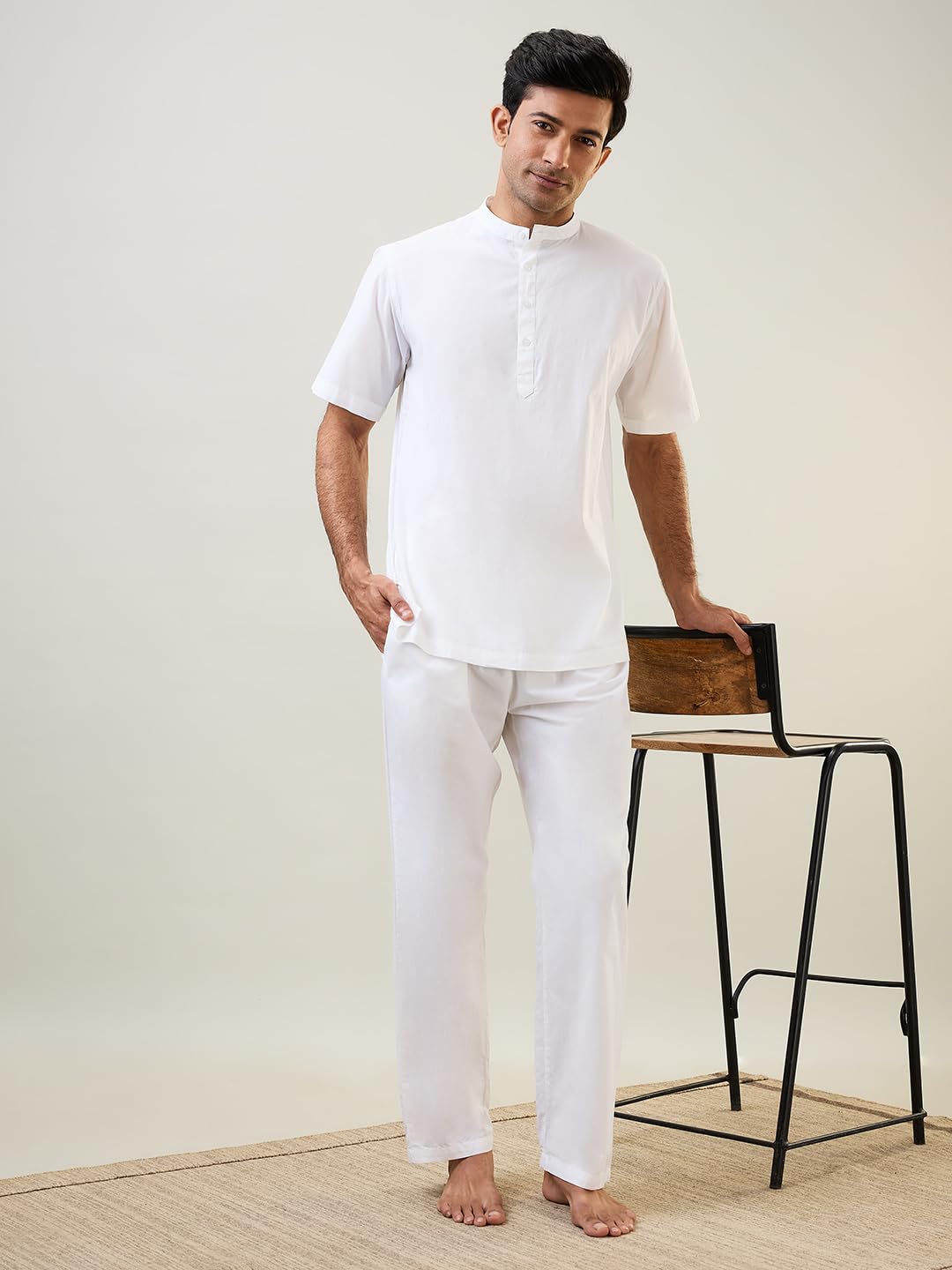 Raymond SleepZ Men Comfort Fit Solid Pattern Pure Cotton Mandrin Collar Kurta White