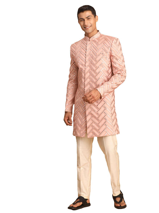 VASTRAMAY Men's Pink Silk Blend Sherwani Set | Trend setting Men's Indowestern Style Mirror Work Sherwani.Comes with Pant Style Pyjama.