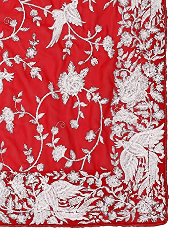 DUPATTA BAZAAR Women's Red Embroidered Parsi Gara Georgette White Thread Work Dupatta, free size