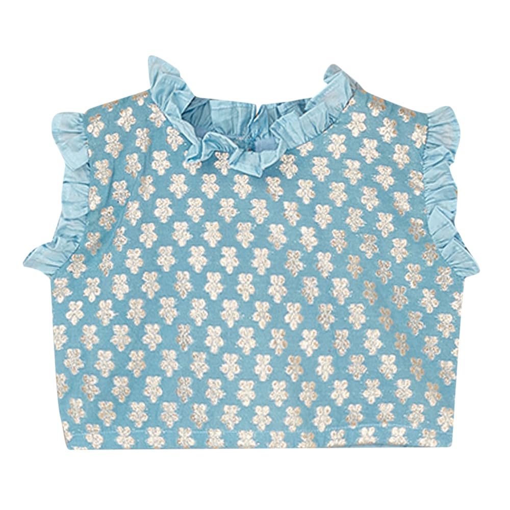 Hopscotch Girls Cotton Floral Print Readymade Lehenga Choli Ethnic Set With Dupatta In Blue Color For Ages 8-9 Years (Frh-4545687)