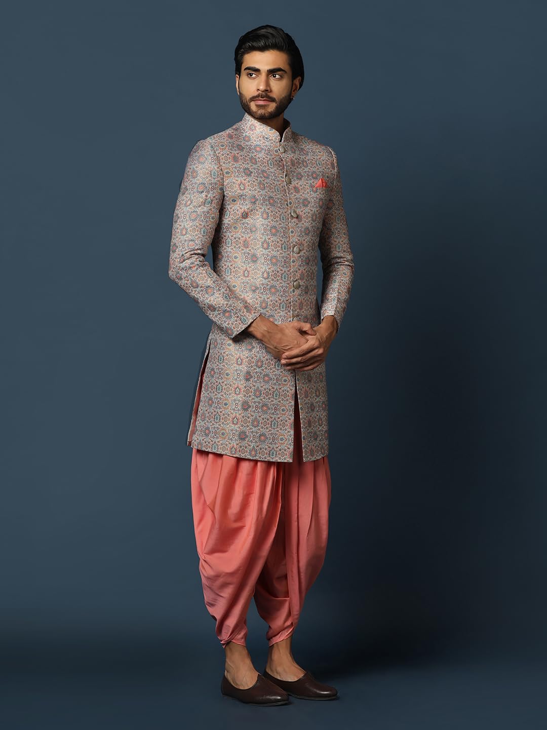 KISAH Men's Grey and Orange Sherwani Dhoti Set, Cotton Full Sleaves, Knee Length, Straight, Regular Fit, Mandarin Collar Ethnic Wear