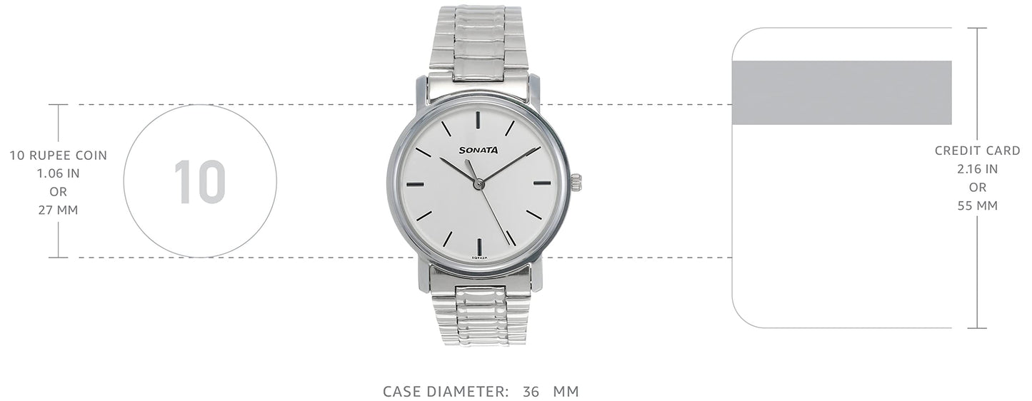 Sonata Quartz Analog White Dial Silver Stainless Steel Strap Watch for Men - NT1013SM01