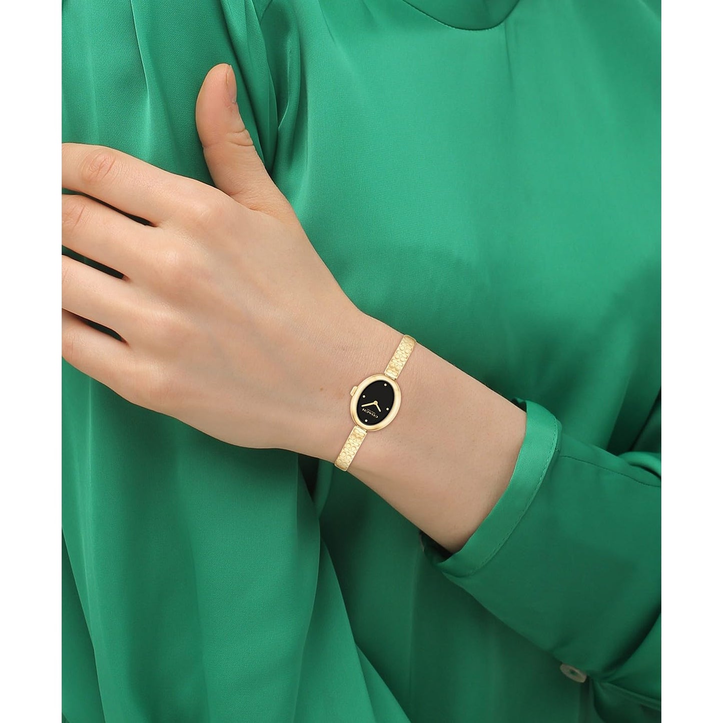 Coach Sammy Qtz Basic Slim Black Oval Dial Women's Watch|Ionic Plated Thin Gold Steel Material|Gold Color Band - 14504521