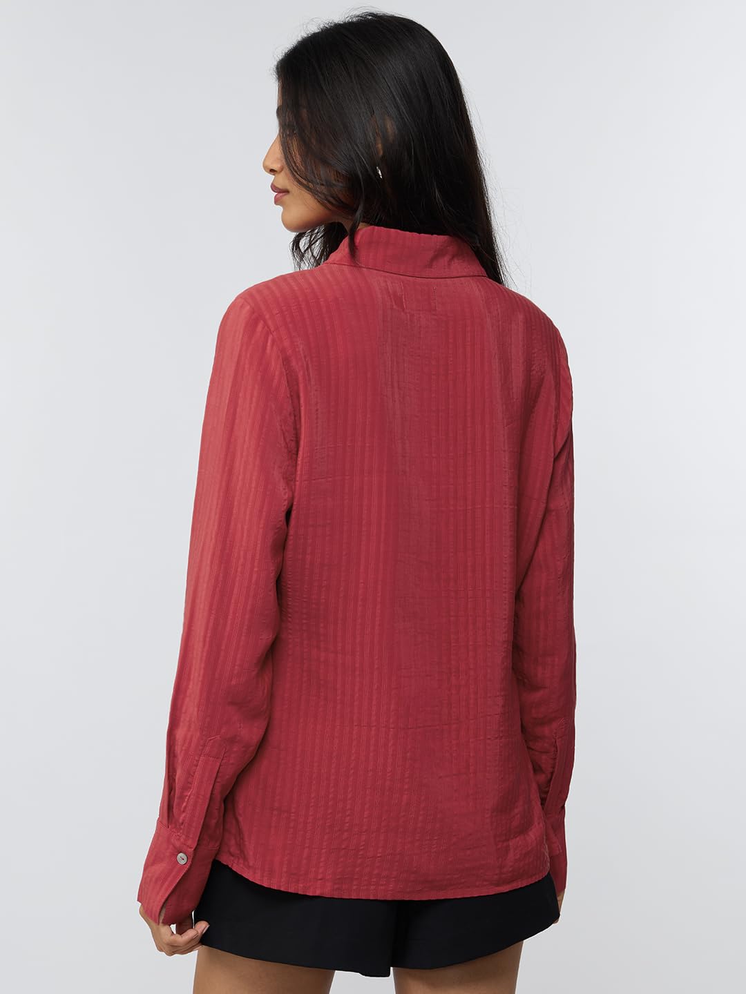 The Souled Store Side Rouching Shirt: Red Women and Girls Long Sleeves Collared Neck Button Front Slim Fit Viscose Shirts