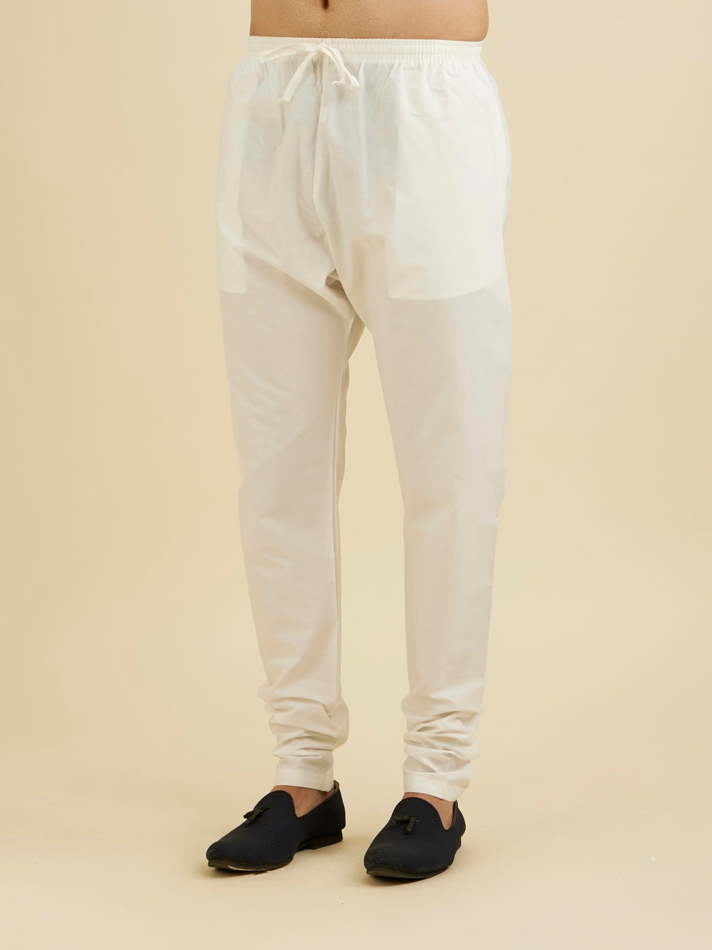 Manyavar Pyjama for Men, Ankle Length Elastic and String Cotton Pajama Cream (M)
