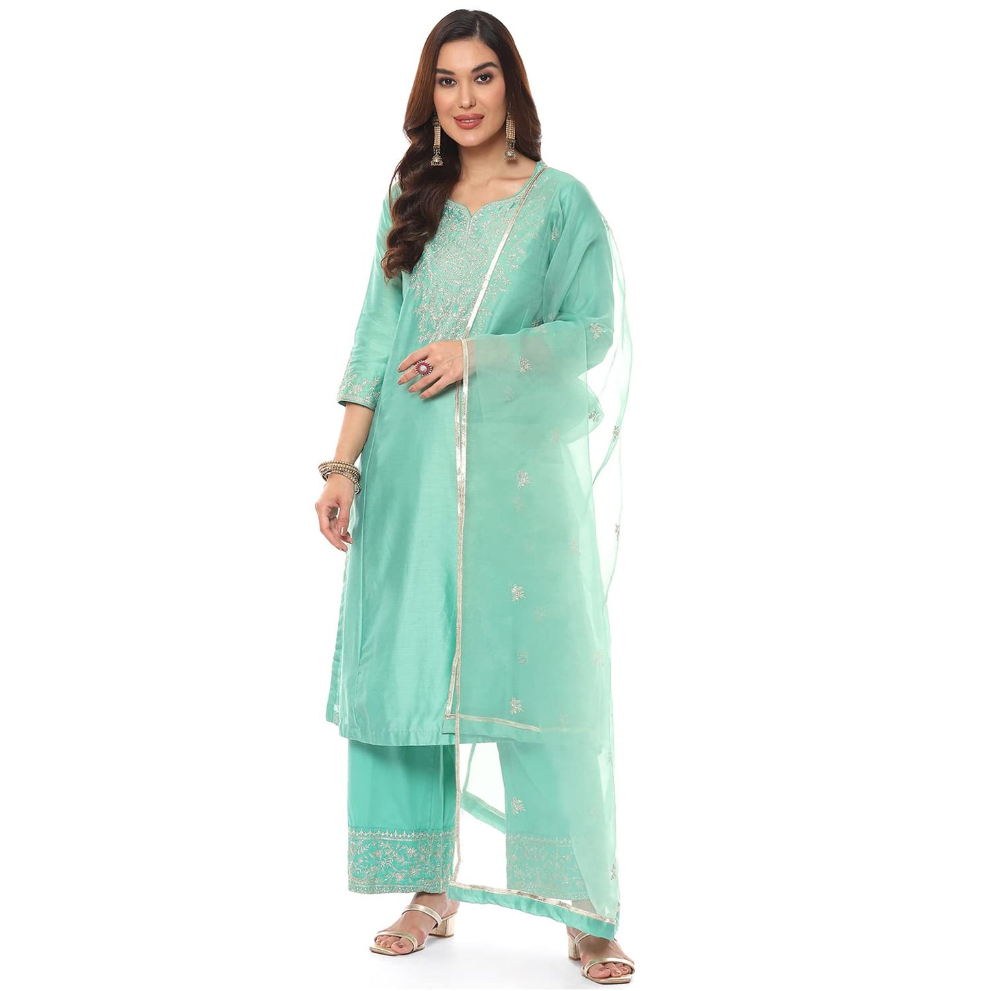 BIBA Women's Ethnic Sea Green Cotton Kurta Suit Set (Size_3XL)