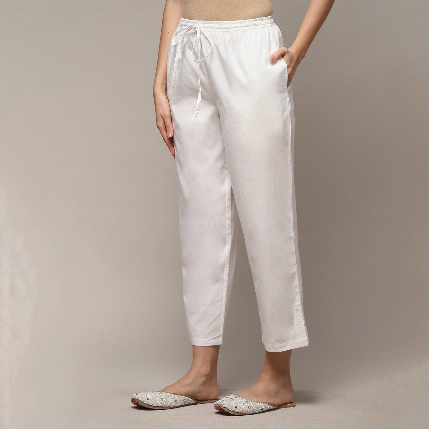 BIBA Women Solid Regular Bottom Wear(Bottom W14910_Off White_XXL)