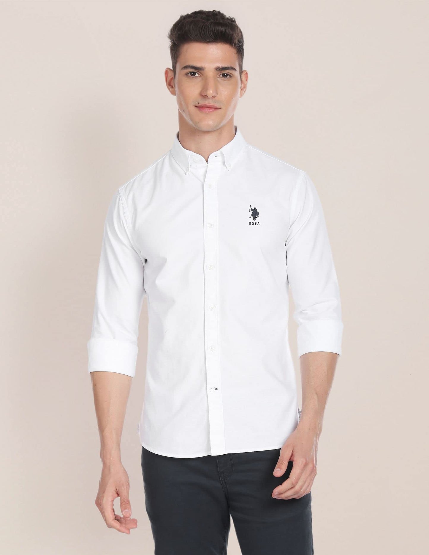 U.S. POLO ASSN. Mens Solid Fs Slim Fit Shirts (Usshtfx0104_White_M)