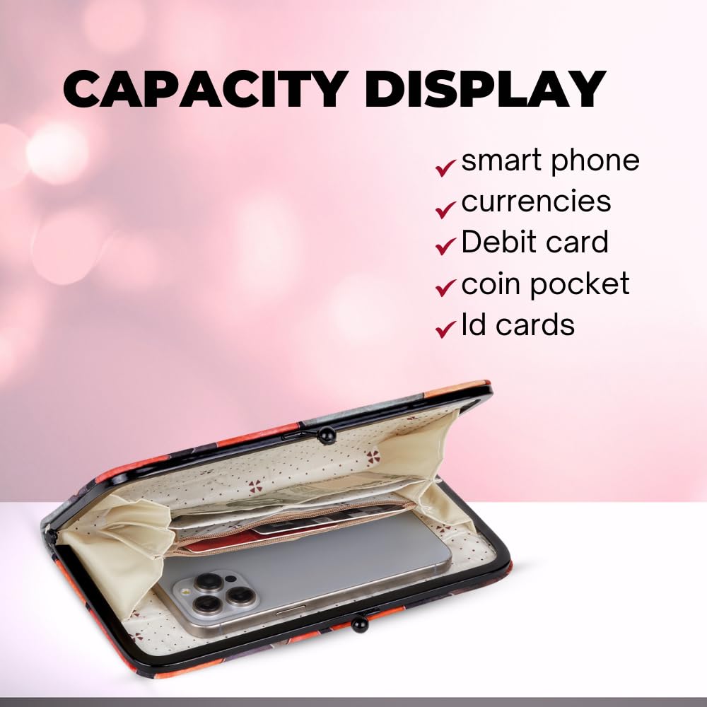 DOSYSO Women Valvet Wallet Stylish Latest Multicolor Printed Mobile Phone Holder Card Slots Magnetic Kiss Lock Zip Pocket Hand Clutch For Daily Use Gift Party Small Purse (Brown)