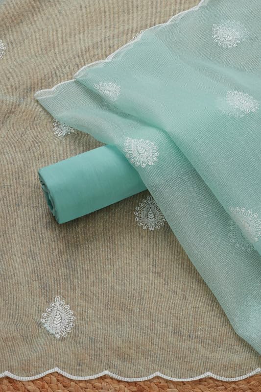 Soch Womens Turquoise Blue Kota Embroidered Unstitch Dress Material With Thread Work