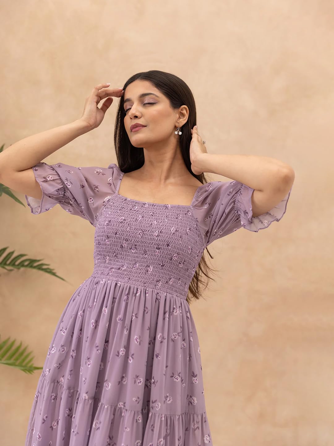 KZULLY | Dress for Women | Midi Length | Flared Hem | Puff Sleeve | Square Neck | Smocked Bodice