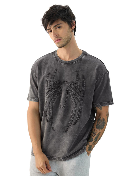 The Souled Store Official Spider-Man: Midnight Men and Boys Short Sleeve Round Neck Grey Textured Cotton Oversized T-Shirts